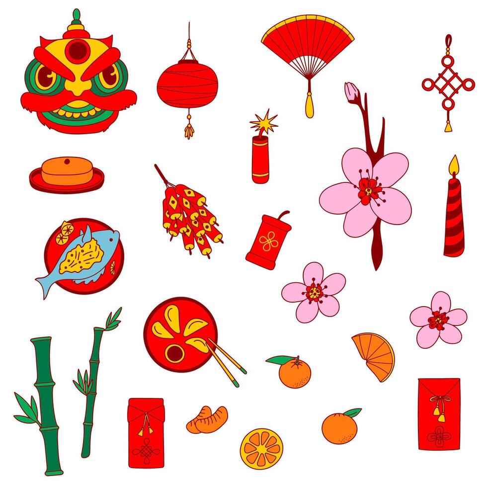 Chinese New Year Icon Clip Art Set. Traditional symbols, flat vibrant design elements. Lion dance mask, dumplings, fan, fish, oranges, bamboo, envelopes, rice cake, plum blossom. Web, stickers, print vector