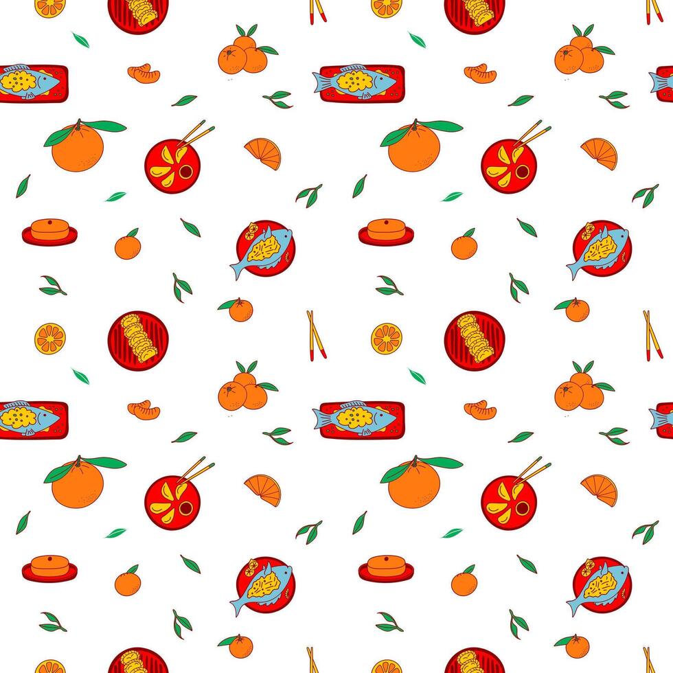 Traditional Chinese New Year Food Seamless Pattern. Lunar New Year endless ornament. Fish, dumplings, oranges, rice cake. Isolated on a white background. Digital papers, wallpapers, backgrounds, print vector