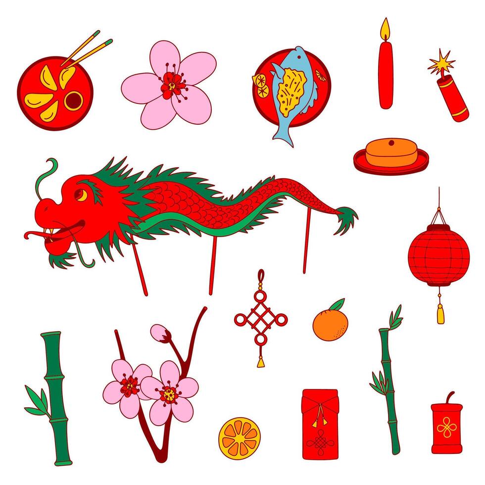 Chinese New Year Icon Collection. Traditional symbols, design elements, flat vibrant colors. Dragon dance, dumplings, fish, tangerine, bamboo, envelope, rice cake, plum blossom. Web, stickers, cards vector