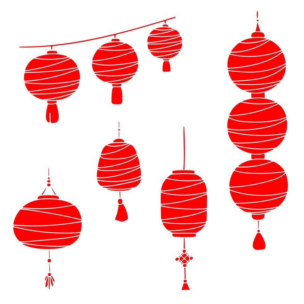 A set of red paper lanterns. Simple line art contour silhouette icons. Black shapes isolated on a white background. Web, digital design, print, papers, coloring pages, invitations, cards, calendars vector
