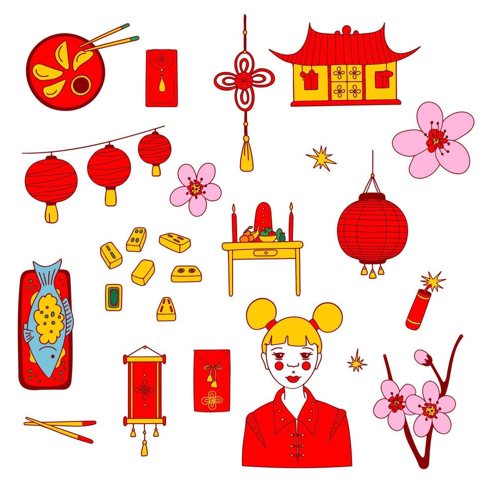 Flat Chinese New Year icon set. Traditional lunar new year symbols, design elements isolated on a white background. Clip art collection for web, prints, greeting cards, invitations, stickers, digital vector