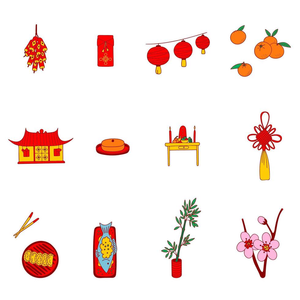 Lunar New Year Clipart. Traditional Lunar New Year icon set. Red envelope, lanterns, plum blossom, firecrackers, dumplings, tangerines, fish, bamboo and more. Print, web, stickers, cards, decor vector
