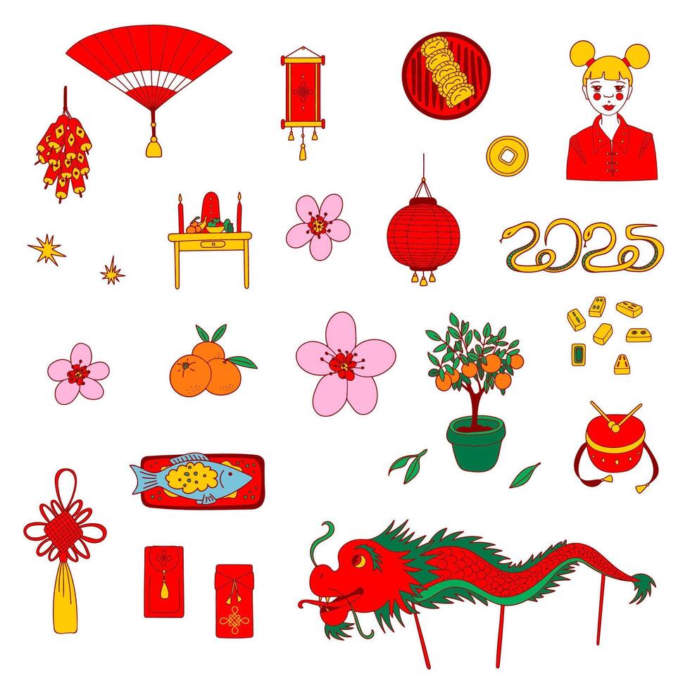 Chinese Snake New Year Icon Set. Traditional Lunar New Year symbols. Red envelopes, dragon, plum blossom, firecrackers, dumplings, tangerine and more. Perfect for prints, web, stickers, greeting cards vector