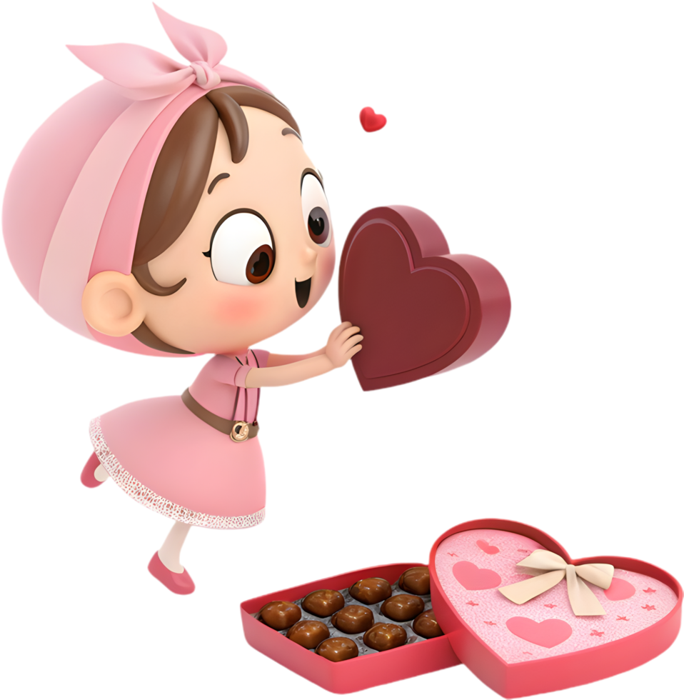 Valentines Day Chocolate Box Held by Cute Cartoon. . png