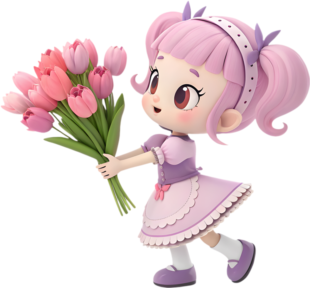 Charming Cartoon with Stunning Flower Bouquet for Clipart Decorations. . png