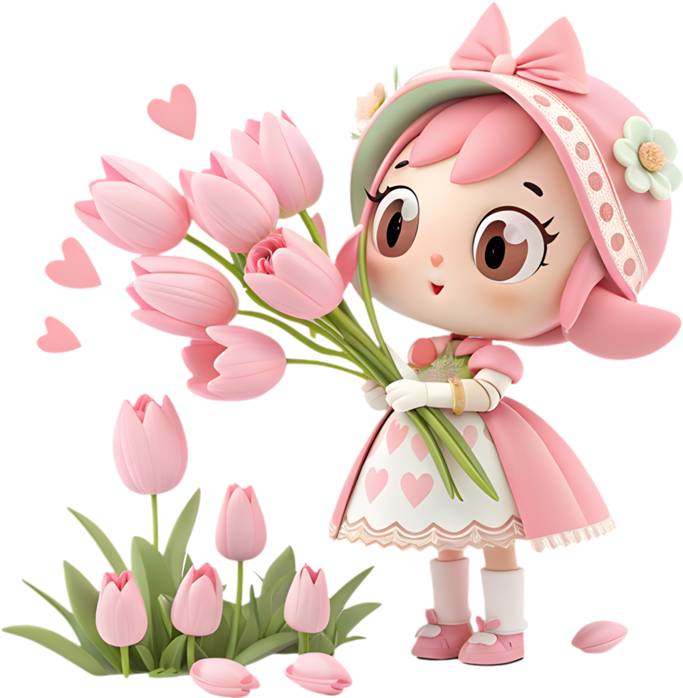Elegant Large Flower Bouquet Artwork by Charming Cartoon Character. . png