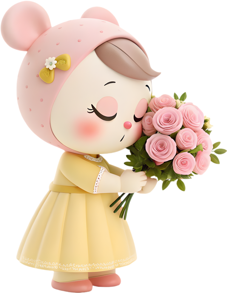 Radiant Cartoon Character Presenting Stunning Flower Bouquet Clipart Charm. . png
