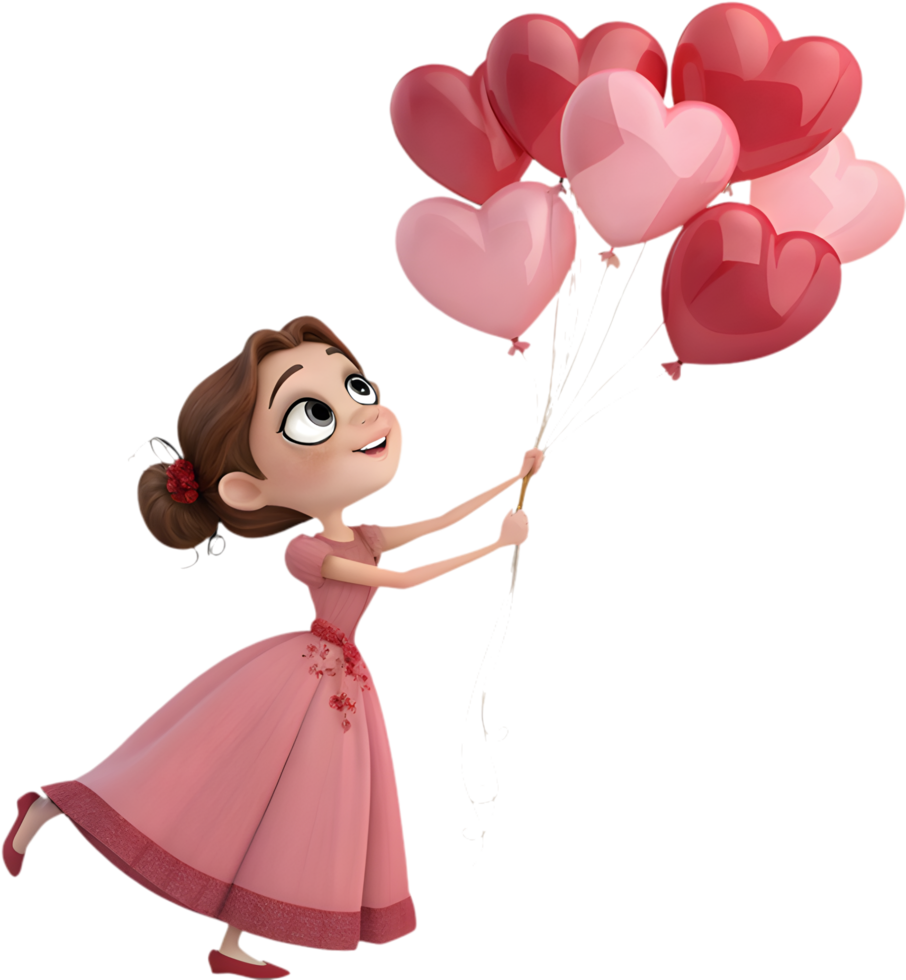 Lovely Heart Balloon Bouquet Valentine Clipart with Kawaii Girl. . png