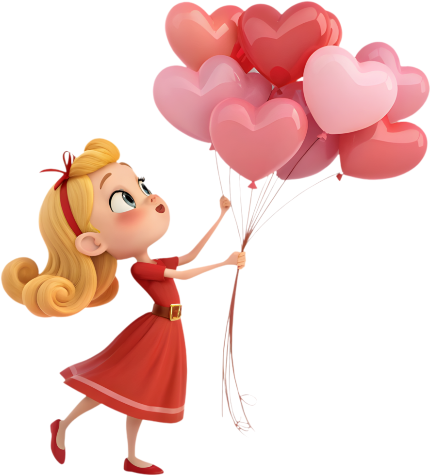 Smiling Kawaii Girl Poses with Heart Balloons for Clipart. . png
