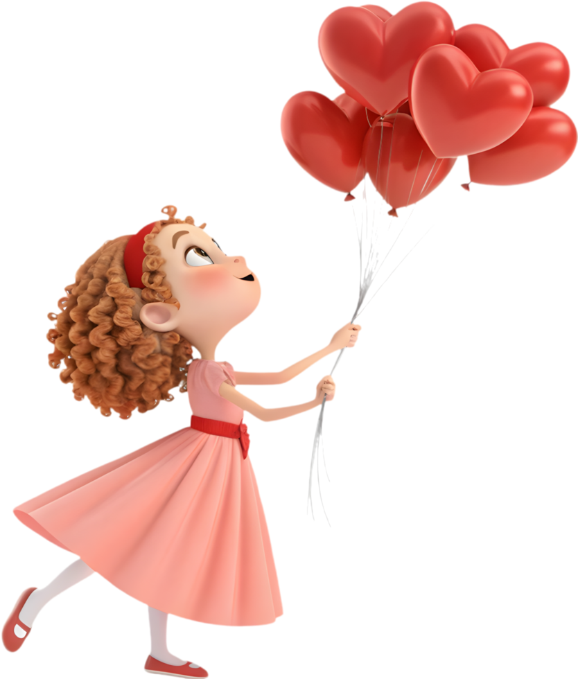Smiling Kawaii Girl Poses with Heart Balloons for Valentine. . png