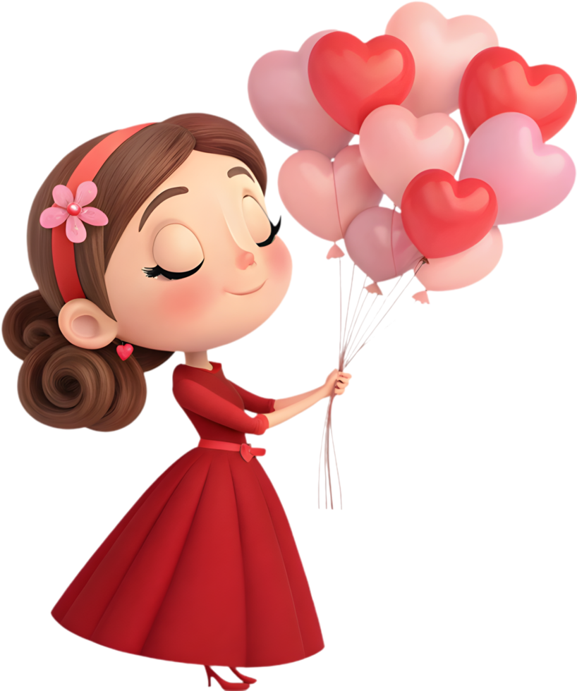 Heart Balloon Bouquet Adorably Held by Smiling Kawaii Girl. . png