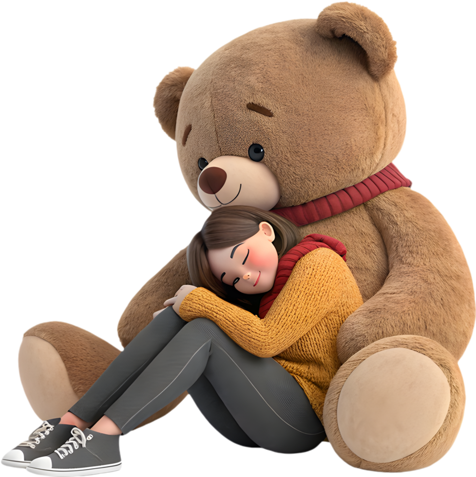Smiling Kawaii Girl Hugging Valentine Teddy Bear for Decorations. . png