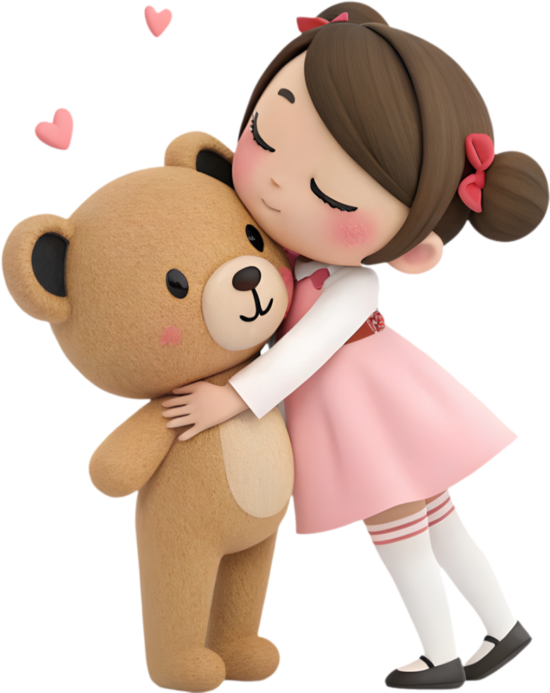 Adorable Kawaii Girl Hugging Giant Teddy Bear Valentine Artwork. . png