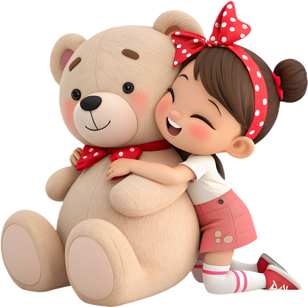 Charming Cartoon Kawaii Girl with Giant Teddy Bear Clipart. . png