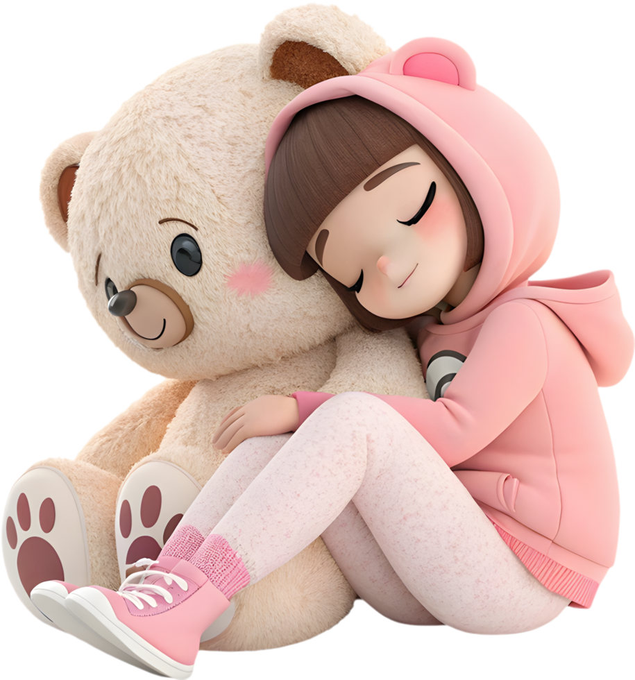 Giant Teddy Bear Valentine Clipart with Smiling Kawaii Girl Artwork. . png