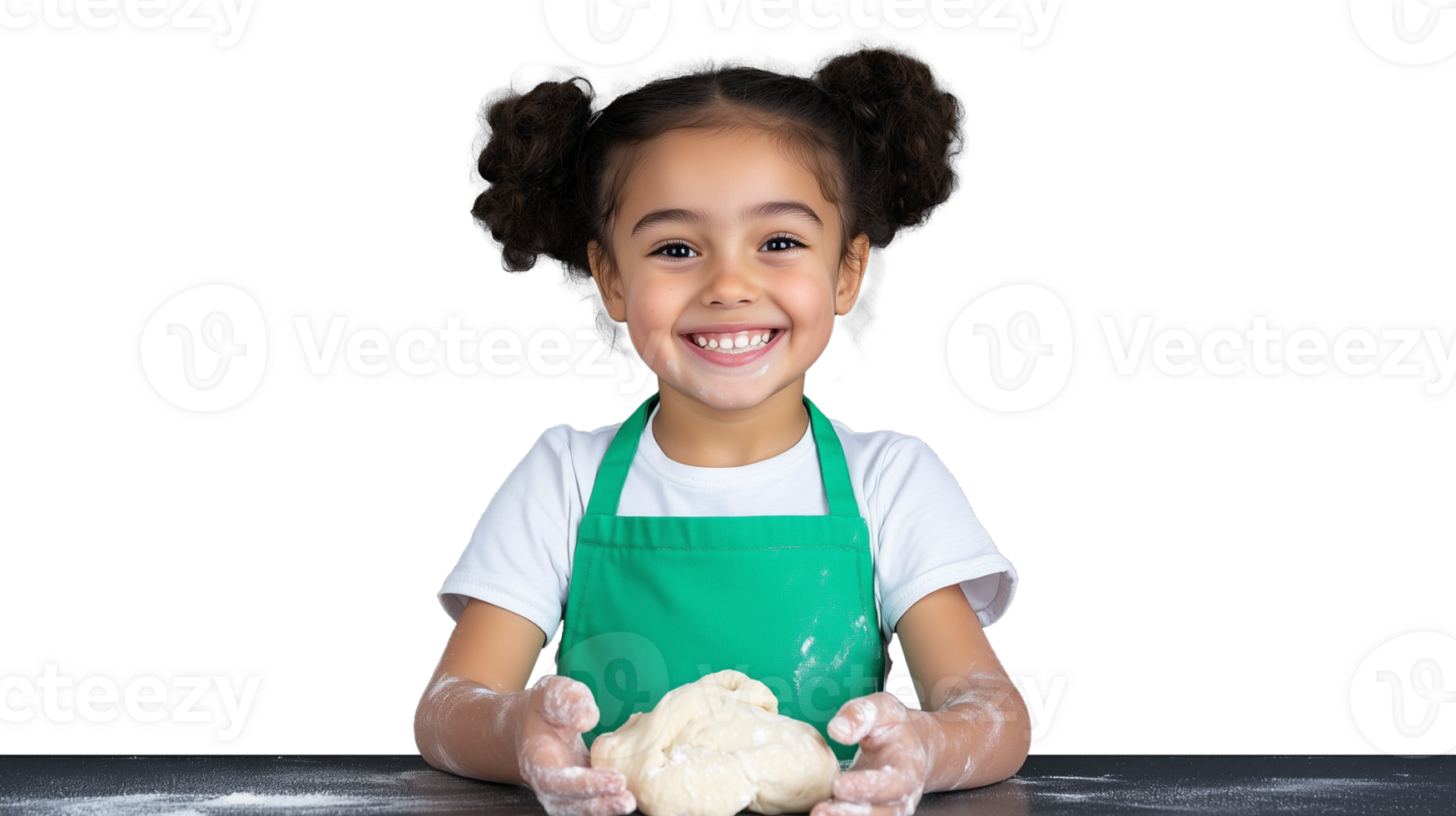 Young girl smiling while kneading dough with transparent background png