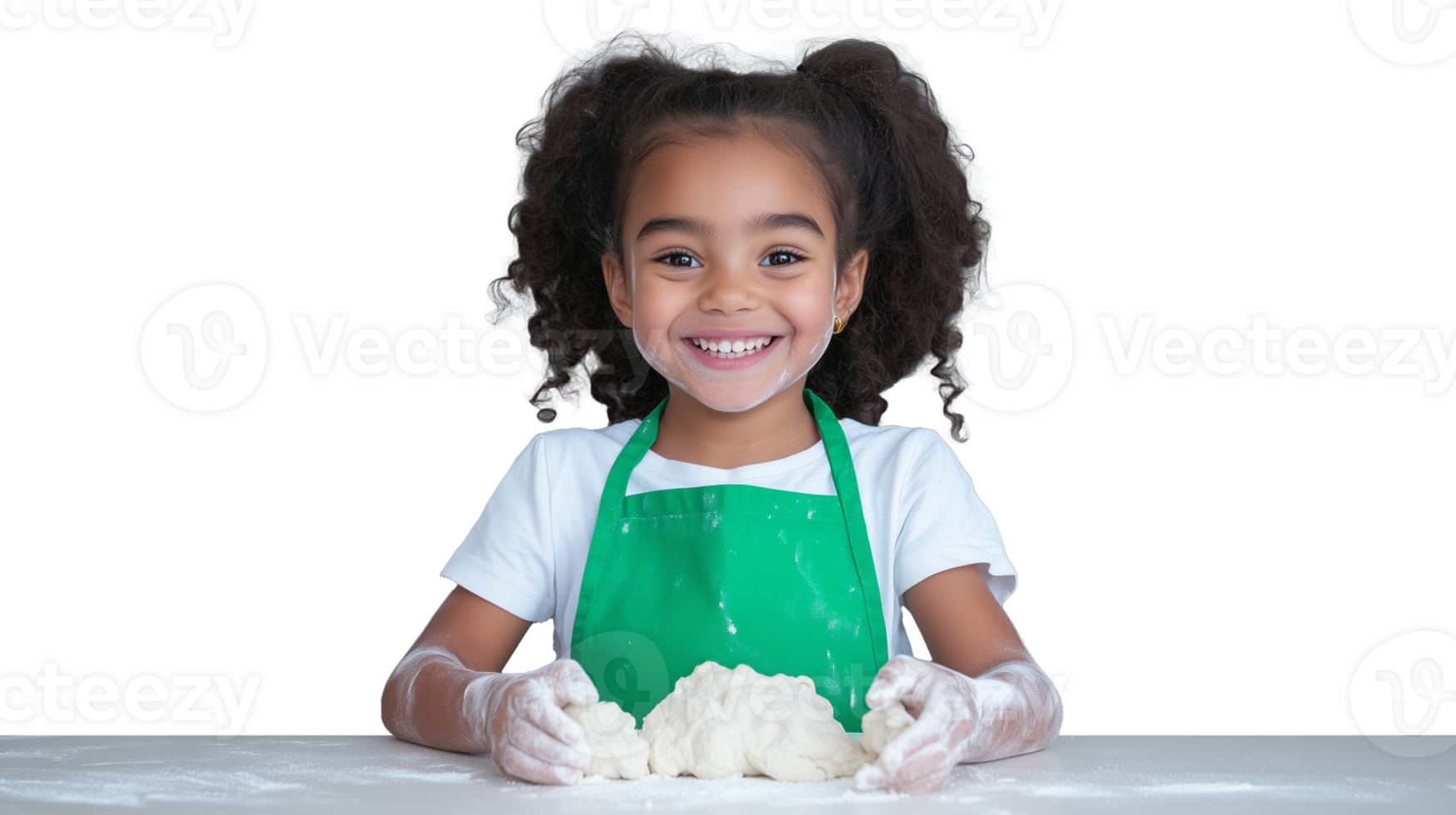Happy child baking dough with flour on hands, transparent background png