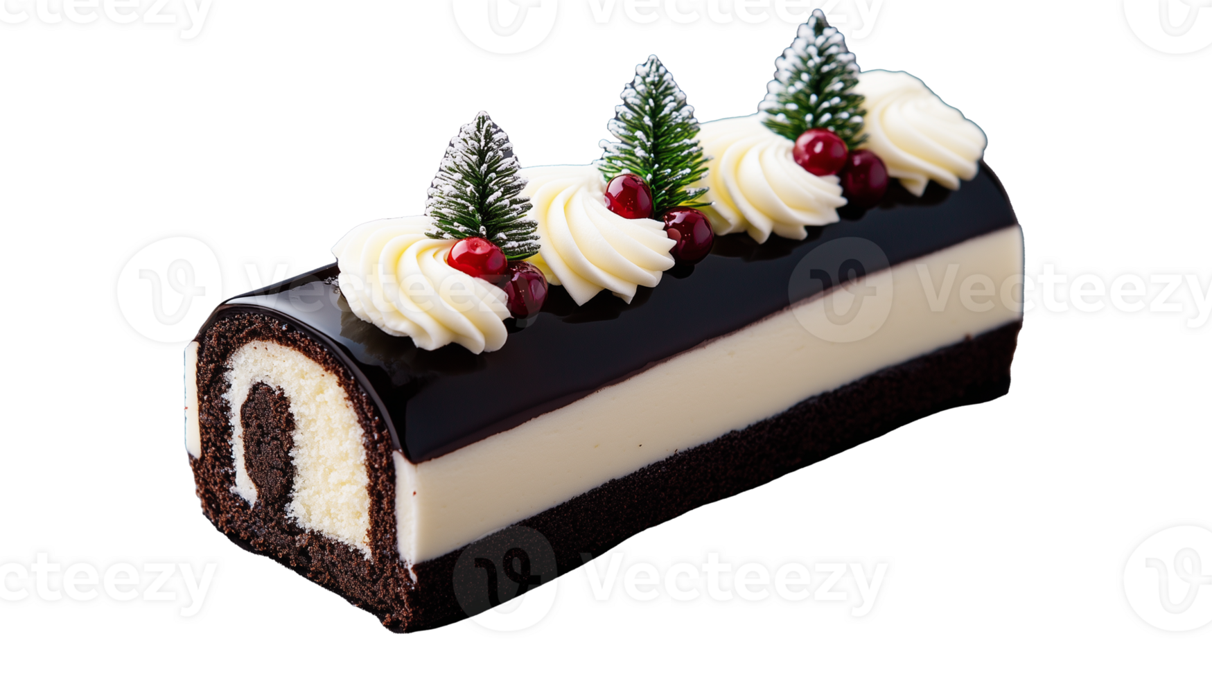 Chocolate log cake with cream and pine decorations on transparent background png