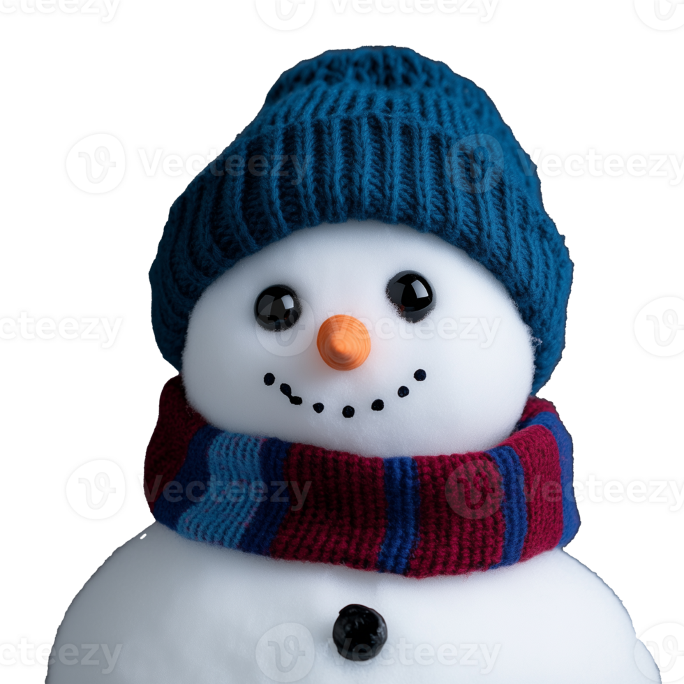 Cheerful snowman wearing a knitted hat and striped scarf on transparent background png