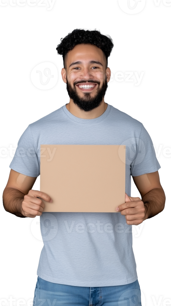 Smiling man holding blank cardboard sign on transparent background png