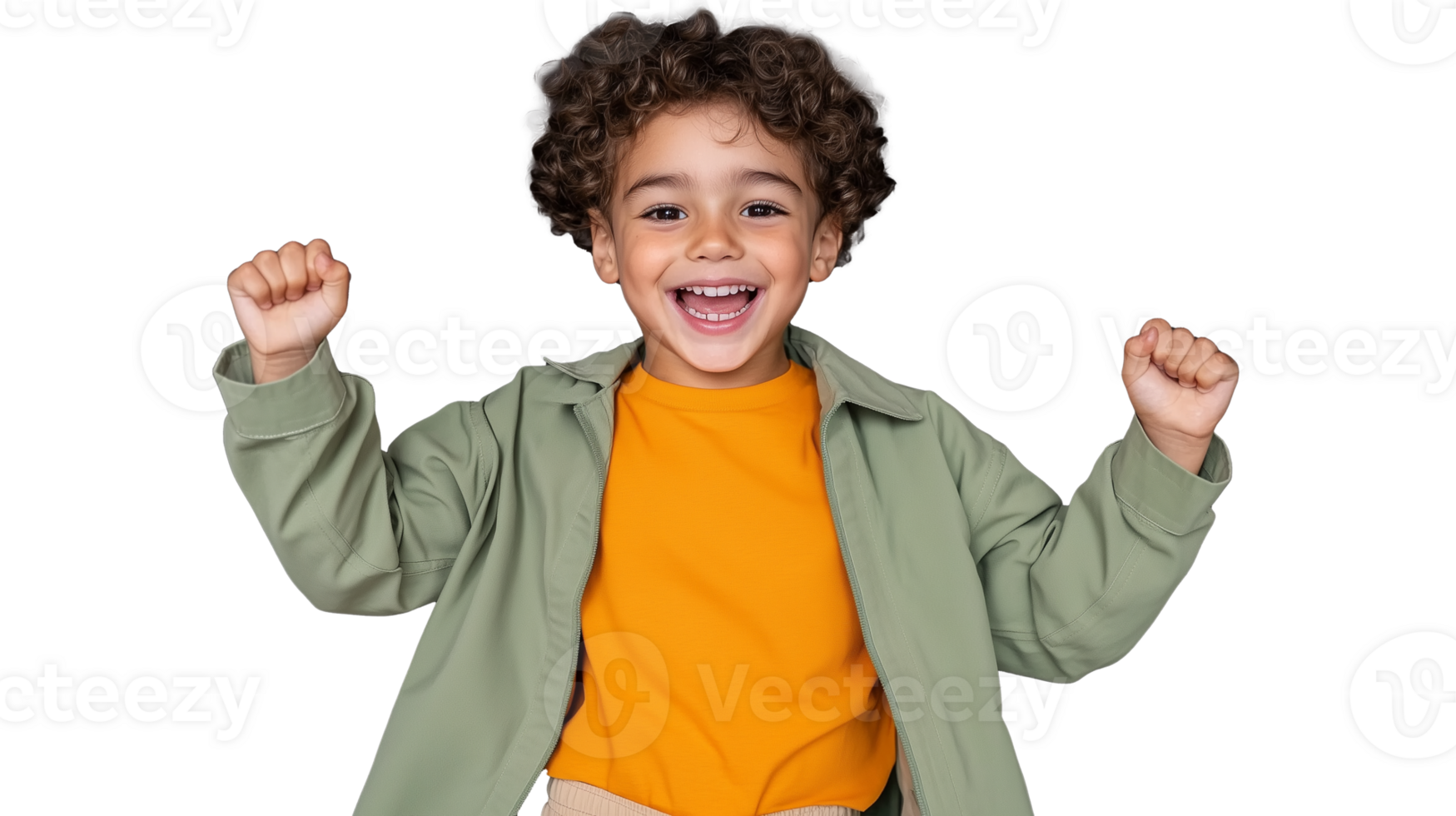 Happy child celebrating with raised arms on transparent background png