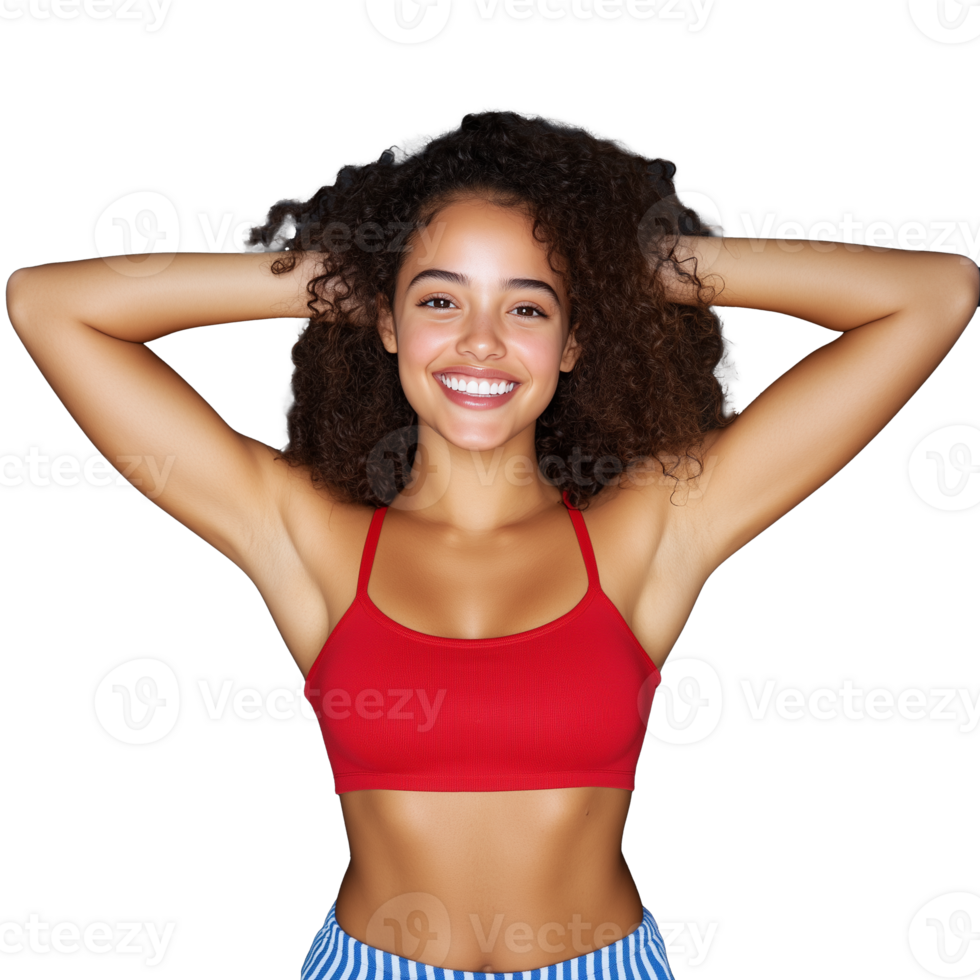 Happy young woman smiling with arms raised on transparent background png