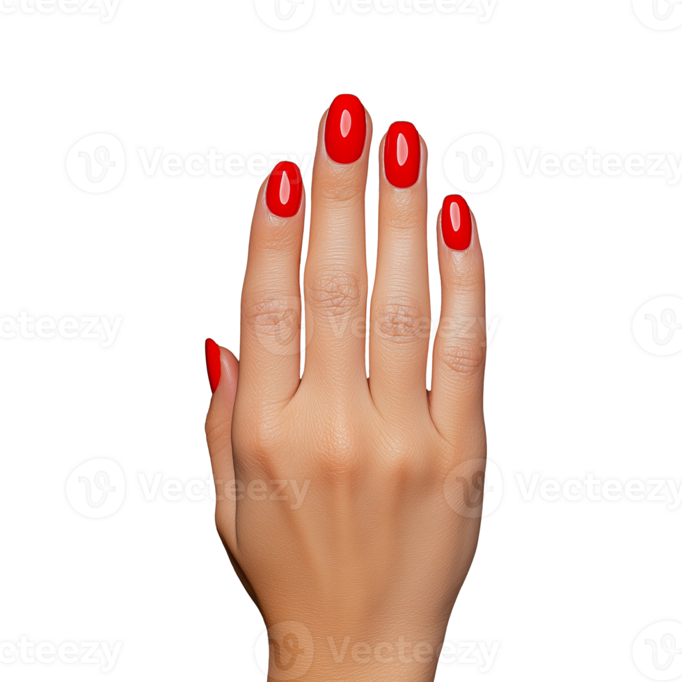 Elegant womans hand with red nails on transparent background png