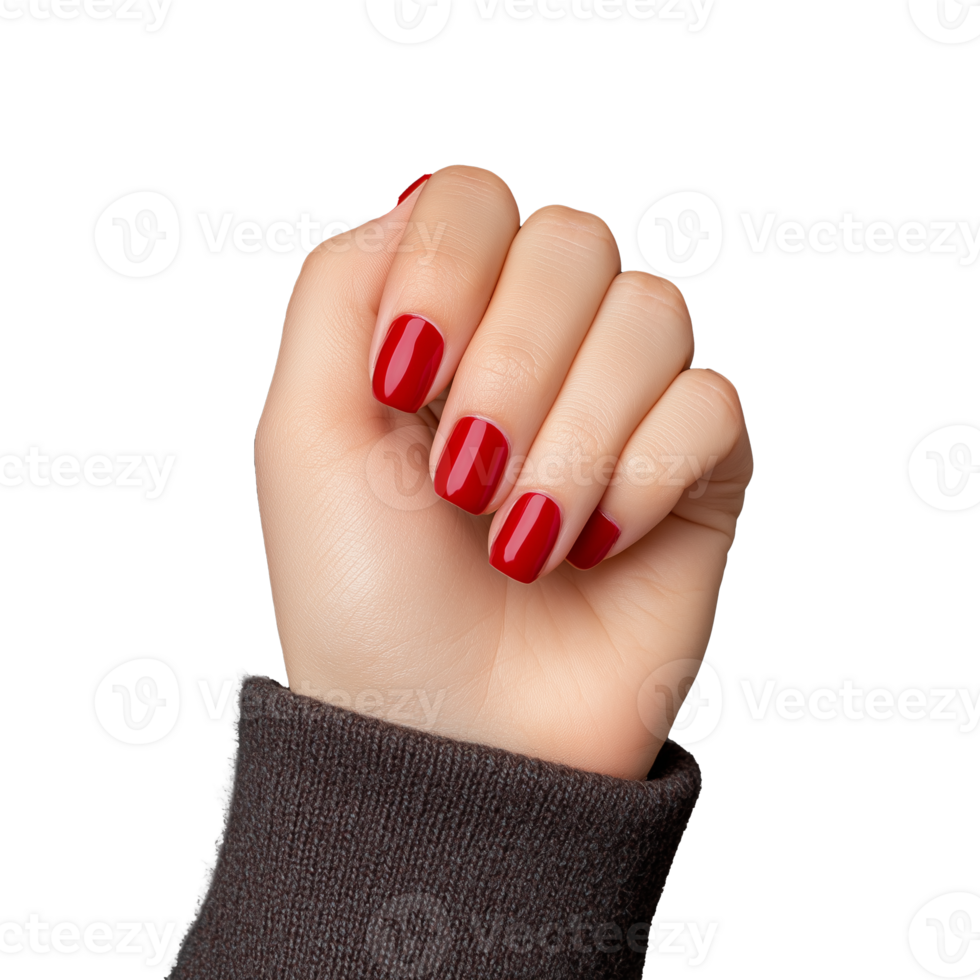 Elegant hand with red nails on a transparent background showcasing beauty and style png
