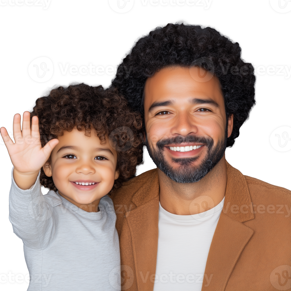 Smiling father and child waving together with transparent background png