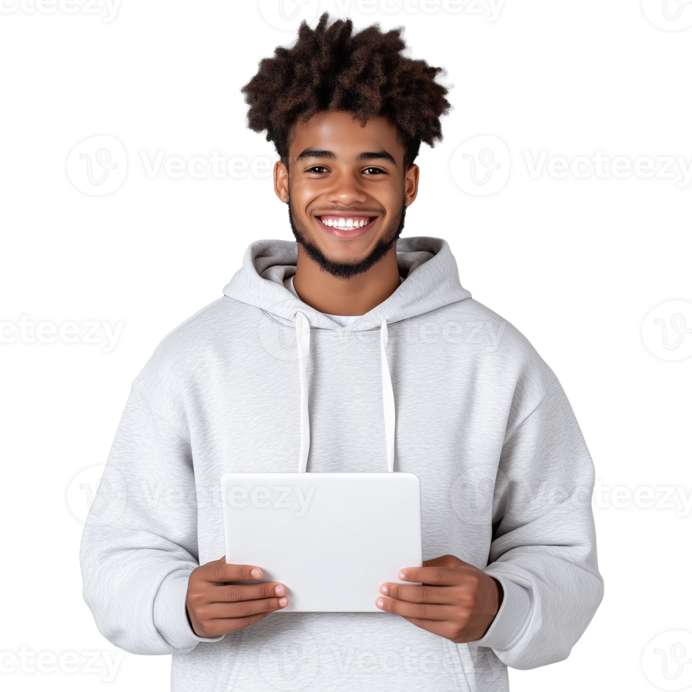 Smiling young man holding tablet with transparent background png