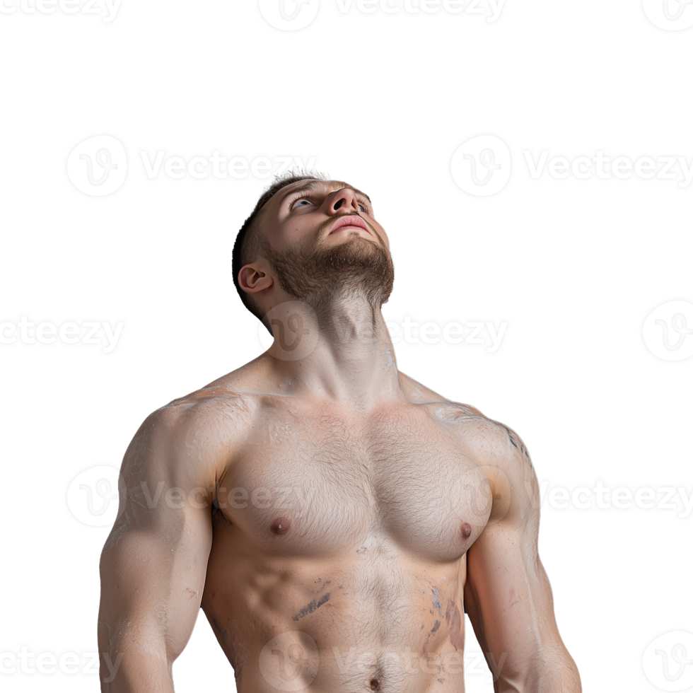 Muscular man looking up with transparent background, showcasing powerful physique and confident expression png