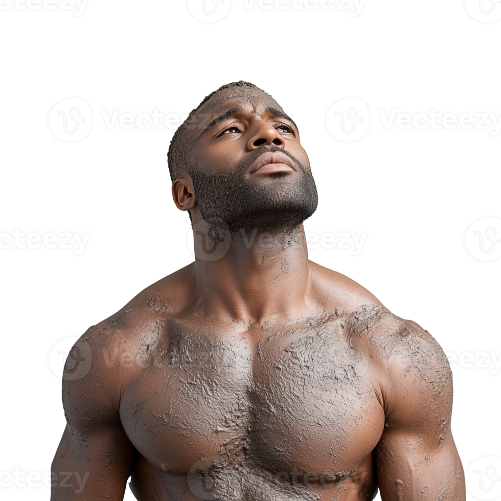 Strong man with muscular build looking upwards on transparent background png