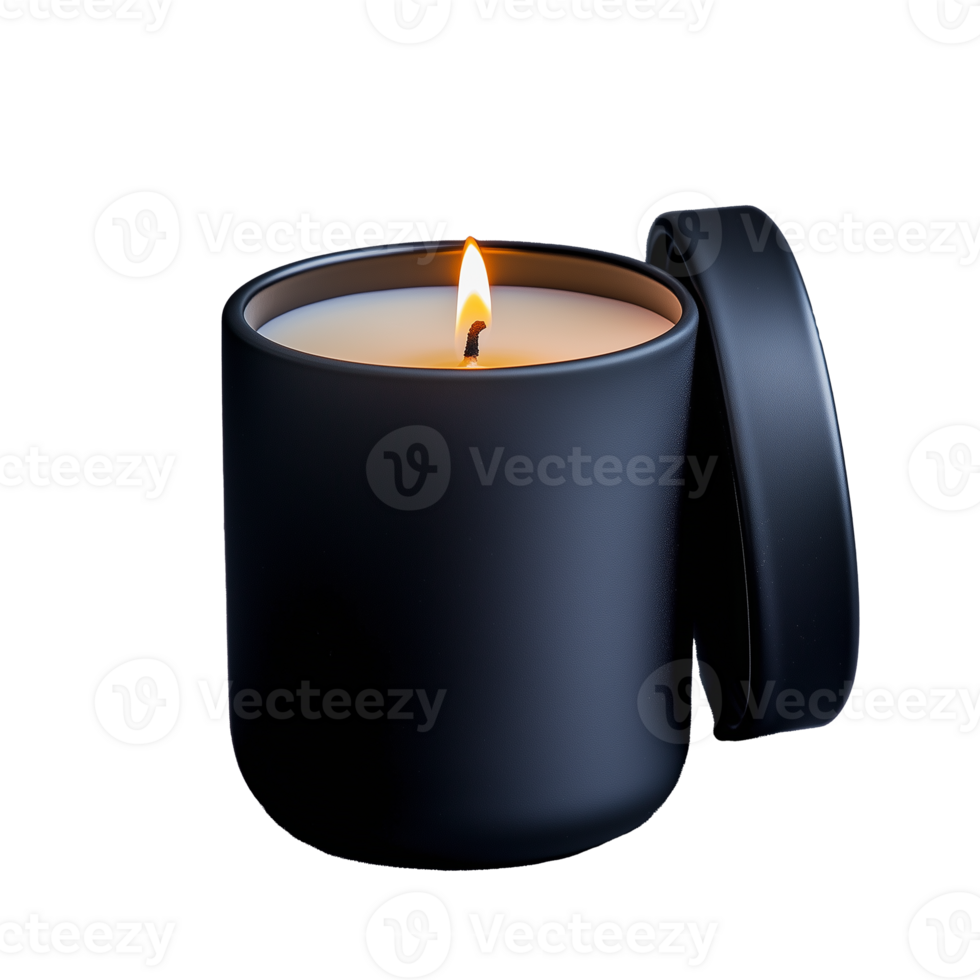 Elegant black candle in holder with flame on transparent background png