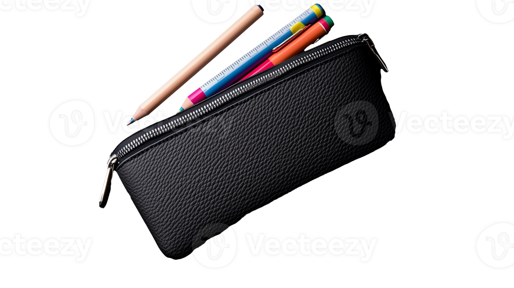 Black zipper pencil case with colorful pencils on transparent background png