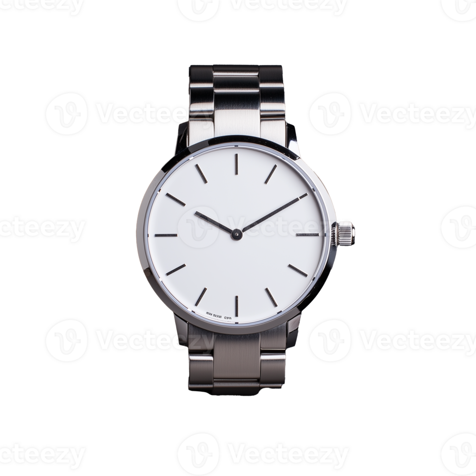 Elegant silver wristwatch with white dial on transparent background png