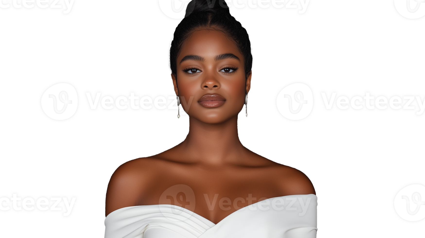 Elegant woman in white dress on transparent background with striking features png