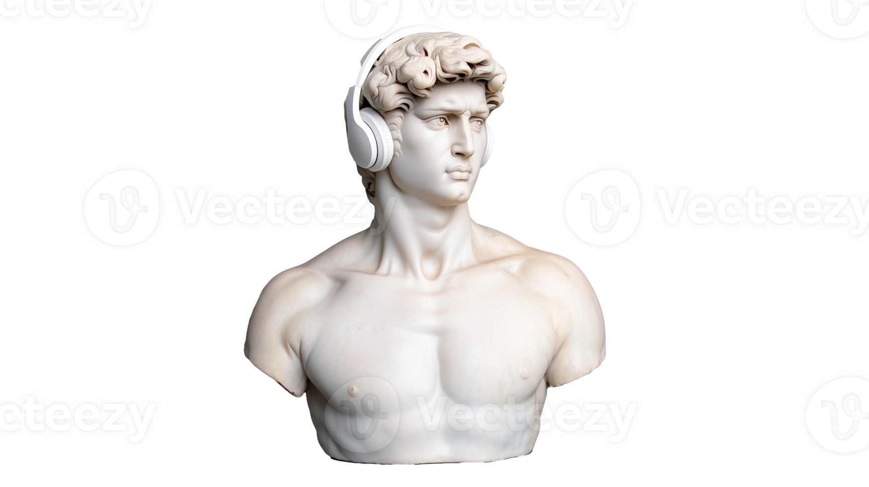 Marble statue of David wearing headphones on transparent background png