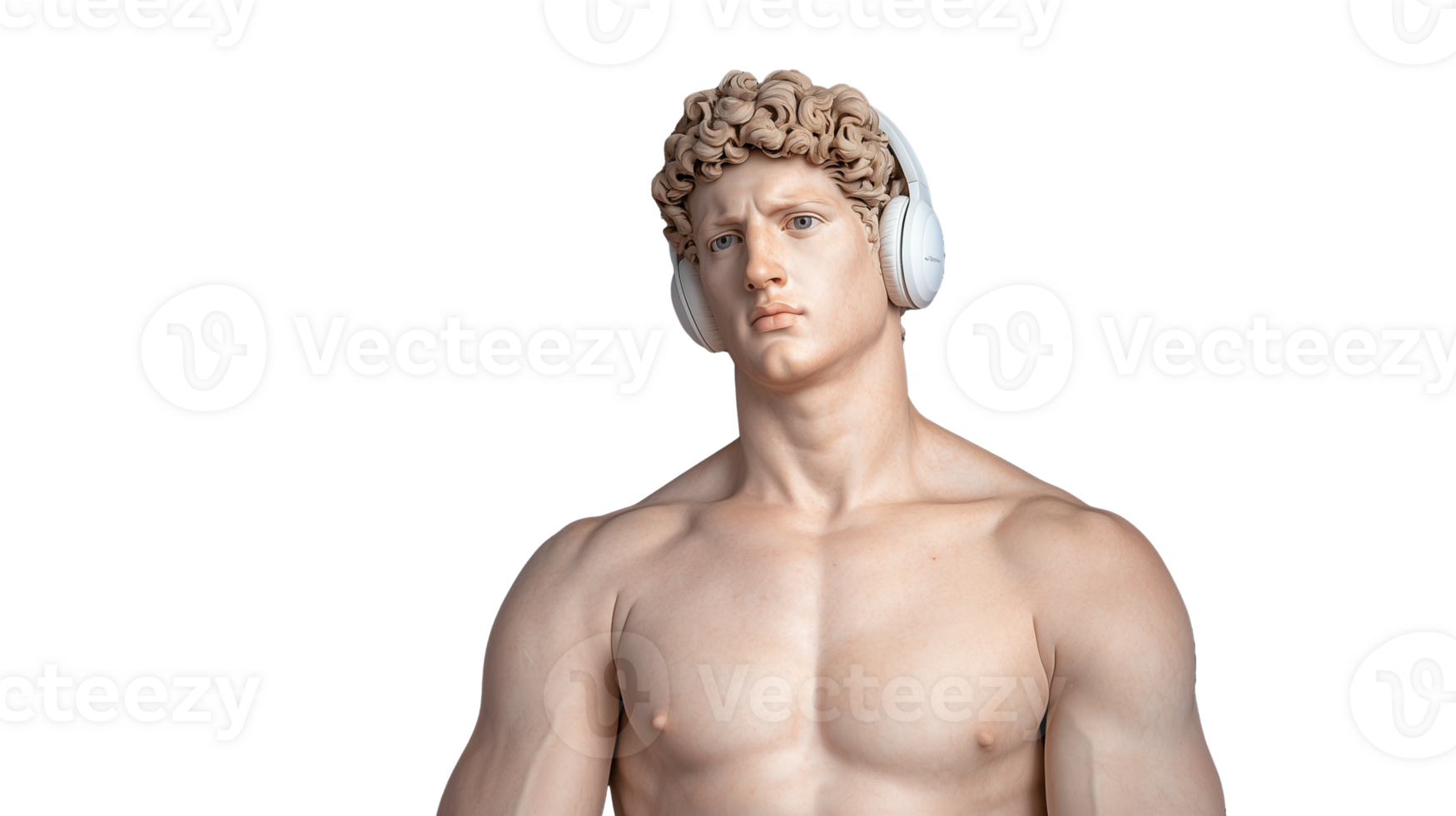 Classical statue with headphones on a transparent background for modern art png