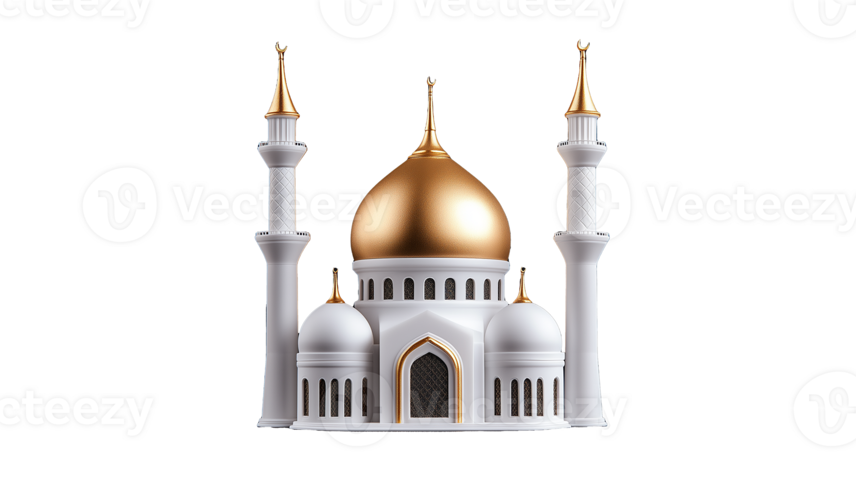 White Mosque with Golden Dome and Minarets on Transparent Background png