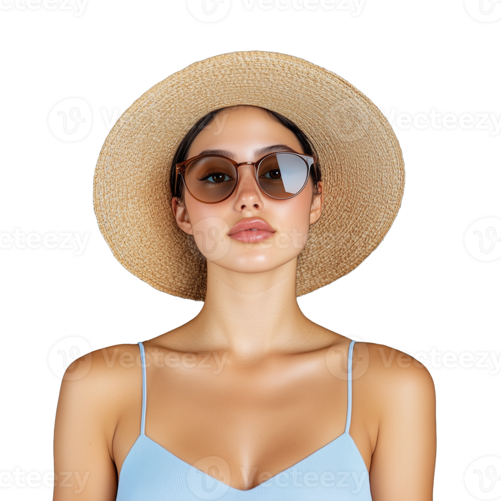 Stylish woman wearing sunglasses and a straw hat on transparent background png