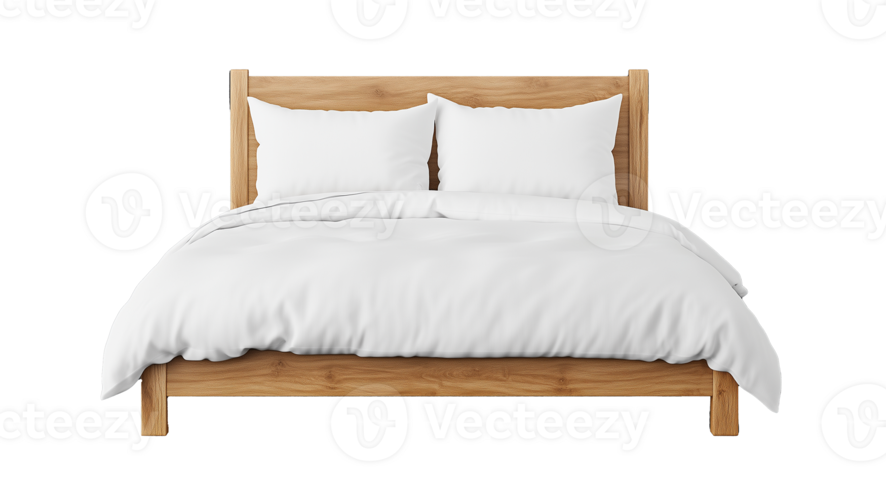 Wooden Bed Frame with White Bedding on Transparent Background png