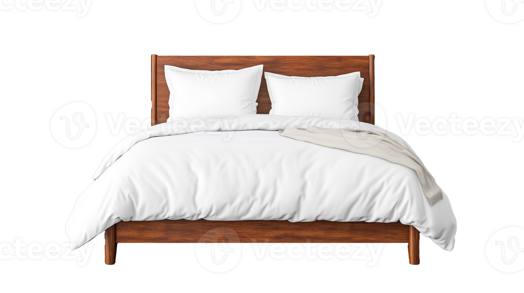 Cozy wooden bed with white bedding on transparent background png
