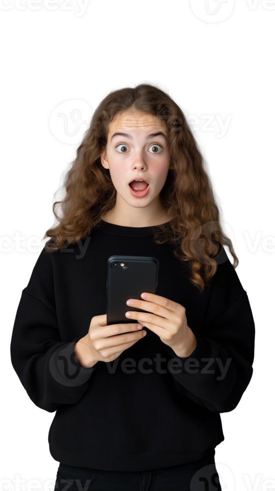 Surprised girl holding smartphone with transparent background for versatile graphic use png