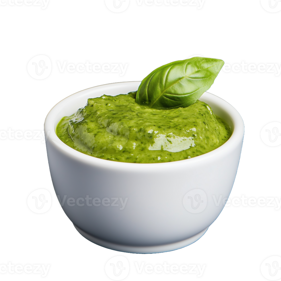 Fresh Green Basil Pesto Sauce in Bowl with Transparent Background png
