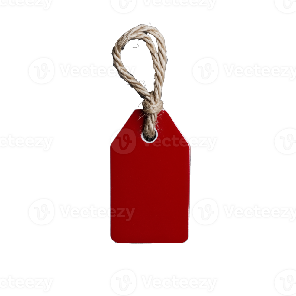 Red price tag with string on transparent background for retail use png