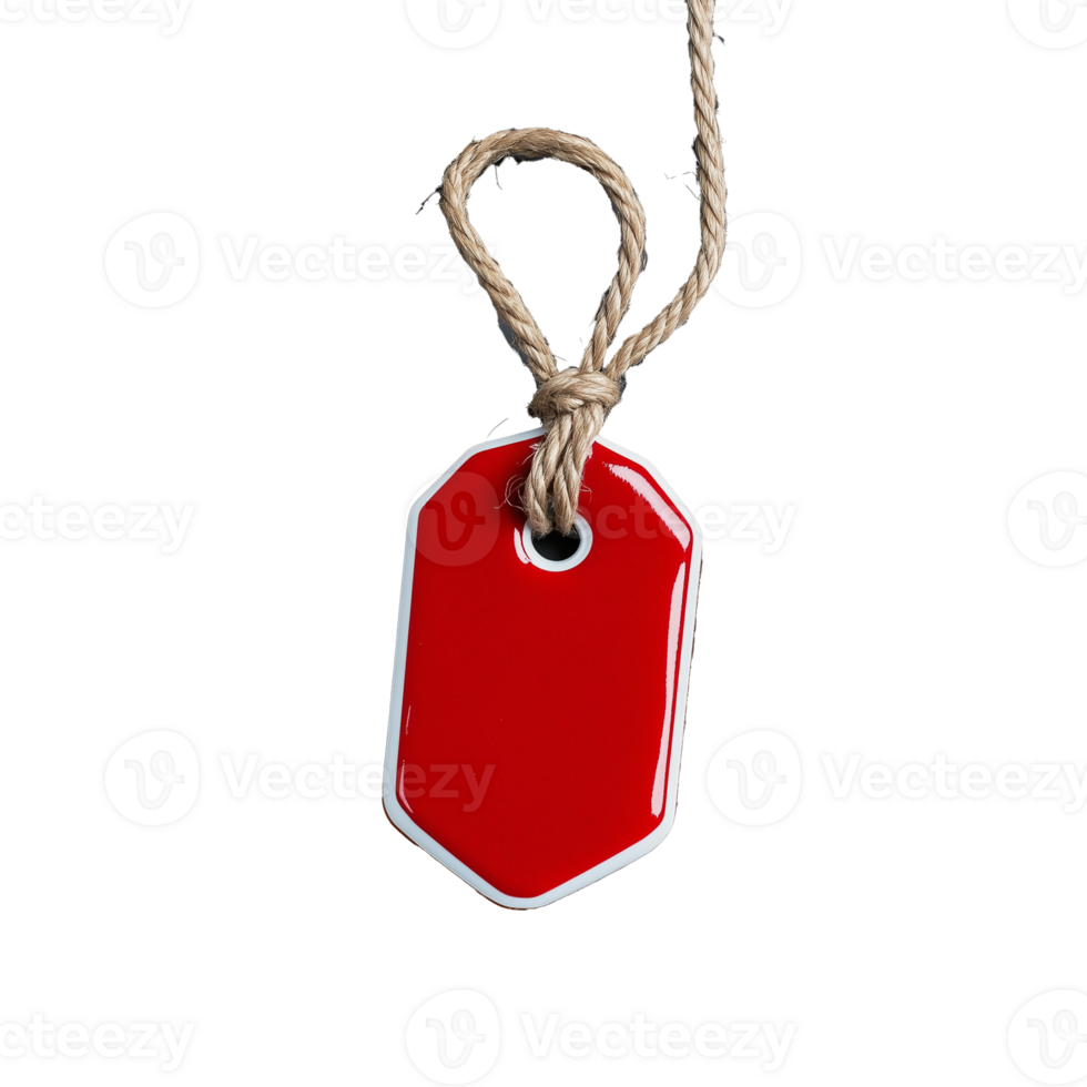 Red price tag with string on transparent background for marketing purposes png