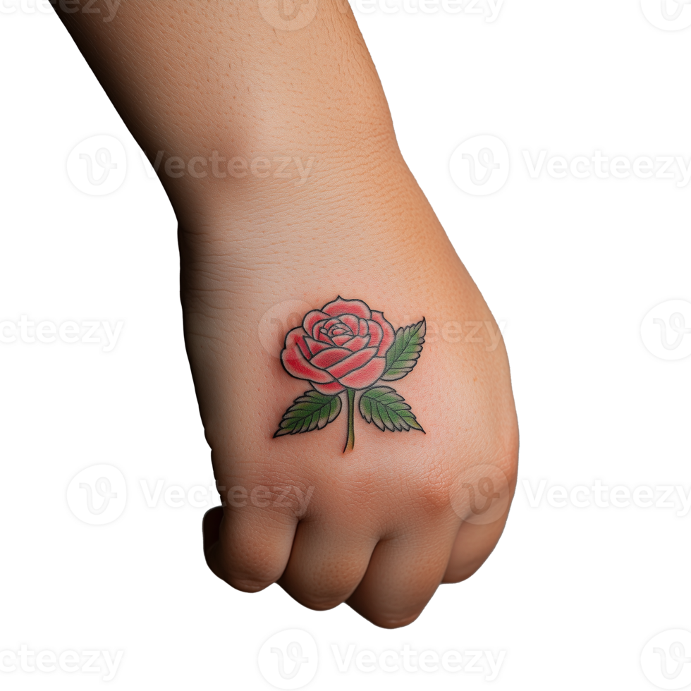 Hand with Rose Tattoo on Transparent Background Featuring Vibrant Colors png