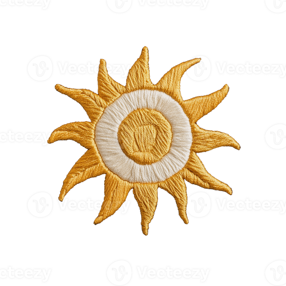 Sun emblem design with rays in golden color on transparent background png