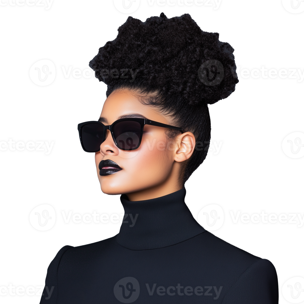 Stylish woman wearing sunglasses with bold makeup on transparent background png