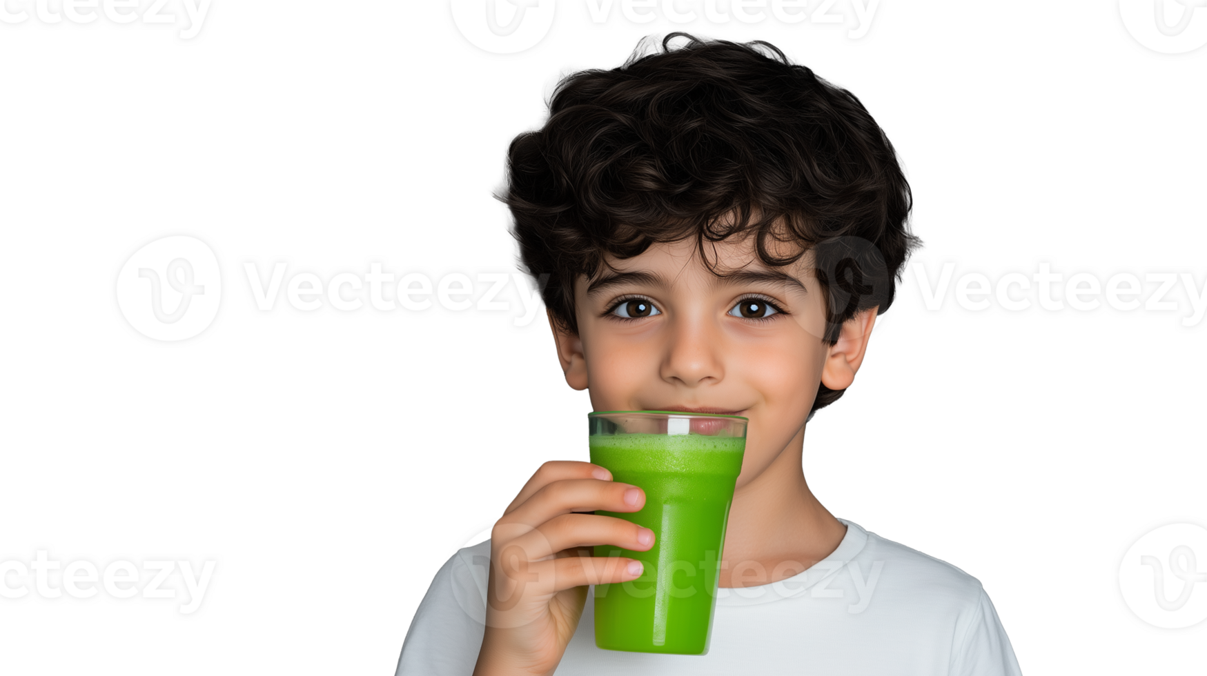 Young boy enjoying green smoothie drink, transparent background png